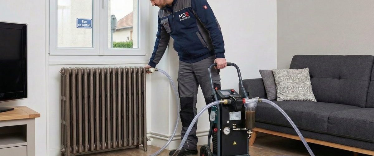 Technicien effectuant un desembouage radiateur Belfort